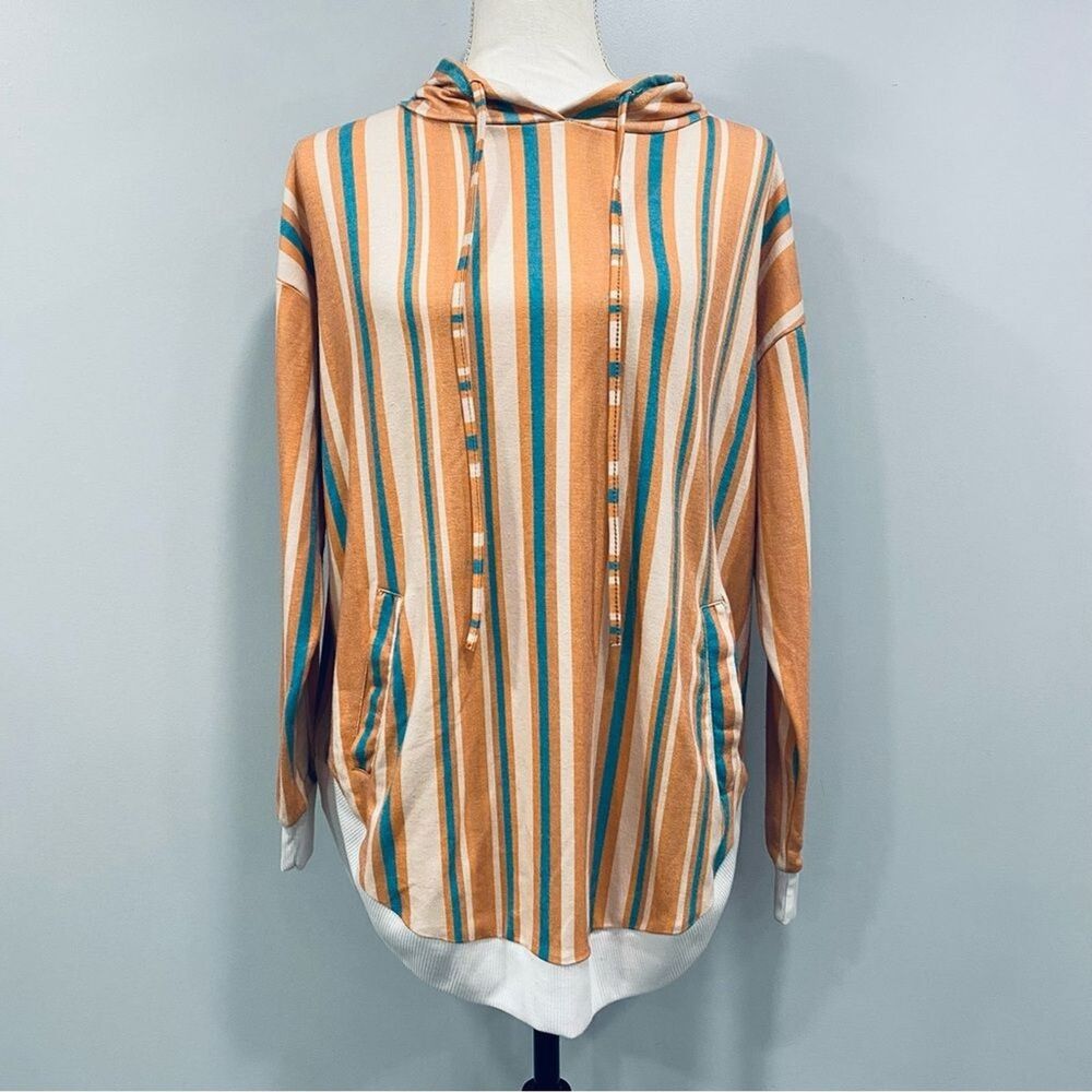CRAZY TRAIN M Orange Teal Striped Hoodie Casual Western Boho Southwestern 70s